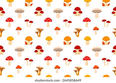 Vector seamless pattern featuring a variety of wild forest mushrooms in different shapes and colors, ideal for kitchen and natural themes