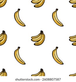 A vector seamless pattern featuring various illustrations of bananas on a white background. The bananas are depicted in different orientations, showcasing their vibrant yellow color.