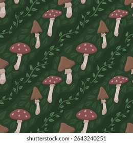 Vector seamless pattern featuring various whimsical forest mushrooms