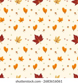 Vector seamless pattern featuring various autumn elements including colorful fall leaves and acorns on a light beige background. Perfect for seasonal packaging, wallpapers, greeting card