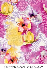 A vector seamless pattern featuring a vibrant, abstract design with pink, purple, and yellow hues. Fluid watercolor style creates dynamic shapes and playful forms, perfect for textile applications.