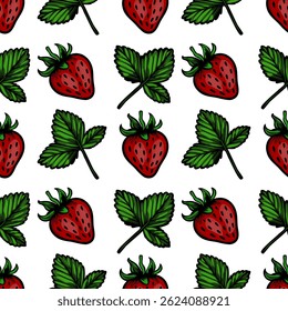 A vector seamless pattern featuring vibrant red strawberries and green leaves on a white background. The design is playful and fresh, ideal for textiles or kitchen decor.