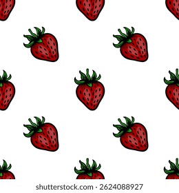 A vector seamless pattern featuring vibrant red strawberries with green leaves on a white background. The design is playful and fresh, ideal for food-related themes.