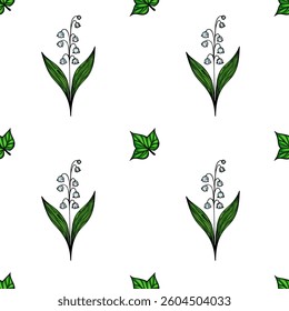 A vector seamless pattern featuring white lily of the valley flowers with green leaves on a white background. The design is elegant and suitable for textiles or wallpapers.