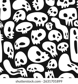 Vector seamless pattern featuring white hand-drawn skulls on black background. Modern Halloween and horror-themed design for prints and digital use
