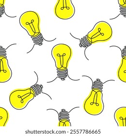 Vector seamless pattern featuring yellow light bulbs in a minimalist line art style. Represents creativity, innovation, bright ideas, and problem-solving. Ideal for design, education themes.