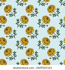 A vector seamless pattern featuring yellow flowers and green leaves on a light blue background. The design showcases intricate floral details, creating a vibrant and cheerful aesthetic.