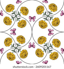 A vector seamless pattern featuring yellow roses and pink bows on a white background. The design is intricate, with floral elements interspersed with decorative bows.
