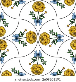 A vector seamless pattern featuring yellow flowers and blue bows arranged in a circular design. The flowers are detailed with green leaves, creating a vibrant and cheerful aesthetic.