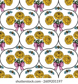 A vector seamless pattern featuring yellow roses with green leaves, pink bows, and small blue bees on a white background. The design is elegant and floral, suitable for textiles or wallpapers.