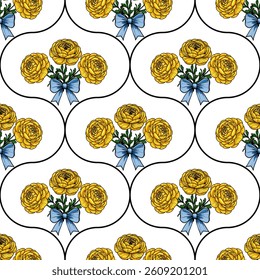 A vector seamless pattern featuring yellow flowers and blue bows on a white background. The design includes clusters of flowers surrounded by decorative elements, creating a cheerful look.