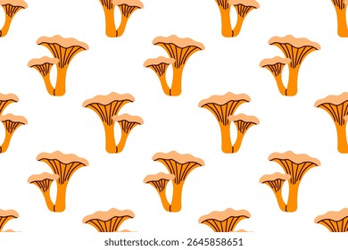 Vector seamless pattern featuring yellow chanterelle mushrooms, ideal for wild food designs, autumn prints, and kitchen packaging