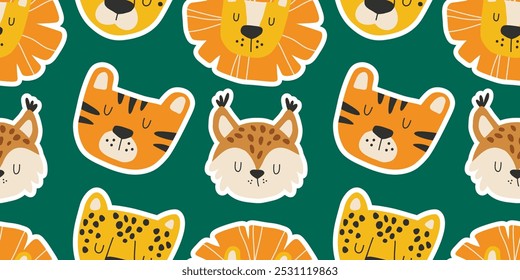 Vetor padrão sem emenda com felinos, tigre, leão, leopardo e lince. Design colorido para têxteis infantis, roupas, papel de parede para quarto infantil.