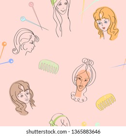 Vector seamless pattern with female faces hand-drawn on a tablet with faces of doodles, for paper, fabric, website design.