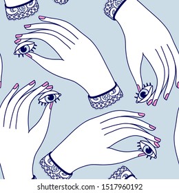 vector seamless pattern with female hands holding cartoon eyes