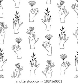 Vector seamless pattern of female hands in minimal linear style. Background with hand gesture holding rose flower, plants and gingko leaf for cosmetics, manicure, beauty, tattoo, spa, jewelry