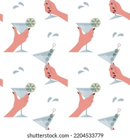 Vector seamless pattern with female hands holds martini glass. Alcohol drinks wallpaper.