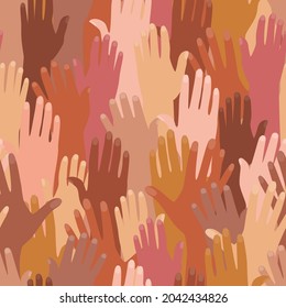 Vector seamless pattern with female and male hands of different nationalities. The concept of friendship, mutual assistance and love between all peoples.