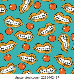 patrón vectorial sin fisuras con boca hembra y cereza en dientes. En el tema de la pasión y el amor. Apropiado para el embalaje, el papel, la tela