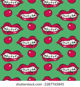 vector seamless pattern with female mouth and cherry in teeth. Out on the theme of passion and love. Suitable for packaging, paper, fabric