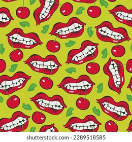 patrón vectorial sin fisuras con boca hembra y cereza en dientes. En el tema de la pasión y el amor. Apropiado para el embalaje, el papel, la tela
