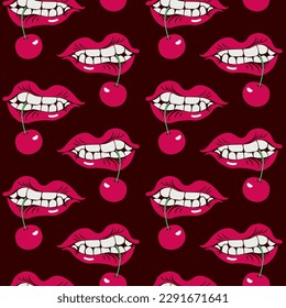vector seamless pattern with female mouth and cherry in teeth. Out on the theme of passion and love. Suitable for packaging, paper, fabric