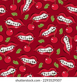 vector seamless pattern with female mouth and cherry in teeth. Out on the theme of passion and love. Suitable for packaging, paper, fabric