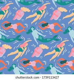 Vector seamless pattern with female swimmers in retro swimsuits and mermaid in the water