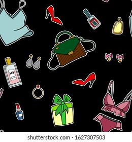 vector seamless pattern of female things. Top with straps, bra and underwear, perfume, earrings, bag, shoes, lipstick, nail polish, ring. Pleasant trifles. For decor, textiles, fabrics, wrapping.