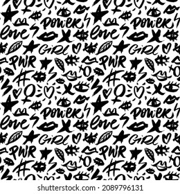 Vector seamless pattern with feminine icons. Open eyes with hashtags, stars, heart. Hand-lettering phrase - girl power, love. Monochrome ornament for wrapping paper. Symbols and doodle design elements