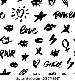 Vector seamless pattern with feminine icons. Hand-lettering phrase - girl power, love. Abstract background for feminist movement. Stars, heart, eyes, lips doodles. Modern stylish texture.