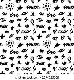 Vector seamless pattern with feminine icons. Open eyes with hashtags, stars, heart. Hand-lettering phrase - girl power, love. Monochrome ornament for wrapping paper. Symbols and doodle design elements