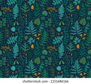 Vector seamless pattern with fern leaf, equisetum, clover leaves and forest plant. Beautiful botanical repeated texture. Floral background with leaves, branches, flowers and seeds. Natural backdrop.