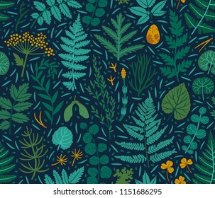 Vector seamless pattern with fern leaf, equisetum, clover leaves and forest plant. Beautiful botanical repeated texture. Floral background with leaves, branches, flowers and seeds. Natural backdrop.