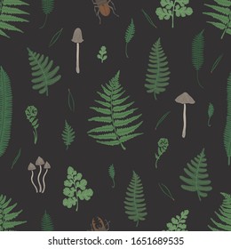 Vector seamless pattern with fern leaf, mushrooms, pine needles and forest plants on dark background. Floral texture for the fabric.