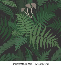 Vector seamless pattern with fern leaf, mushrooms and forest plants. Beautiful botanical background. Floral texture for the fabric.