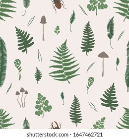 Vector seamless pattern with fern leaves, stag beetles and mushrooms. Abstract botanical background. Floral texture for the fabric.