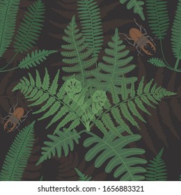 Vector seamless pattern with fern leaves and stag beetles. Abstract botanical background. Floral texture for the fabric.