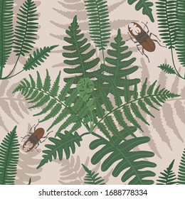 Vector seamless pattern with fern leaves, stag beetles and forest plants. Abstract botanical background. Floral texture for the fabric.