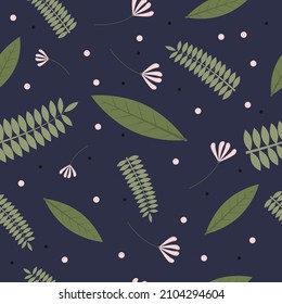 Vector seamless pattern with fern leaves and flowers.