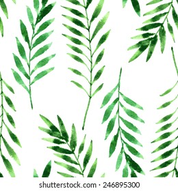 vector seamless pattern with fern leaves drawing by watercolor, hand drawn illustration