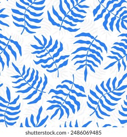 Vector seamless pattern with fern leaves. Modern abstract organic shapes. Tropic background. Surface cover design. Fabric textile print.