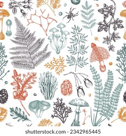 Vektornahtloses Muster mit Farnen, Pilzen, Herbstblättern und Herbstskizzen. Monochrome botanische Textur, die sich wiederholt. Handgezeichneter Herbstwaldhintergrund. Vintage-Naturdesign in Farbe