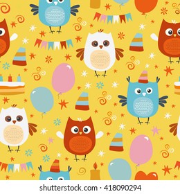 vector seamless pattern. festive, bright pattern, cute owls.