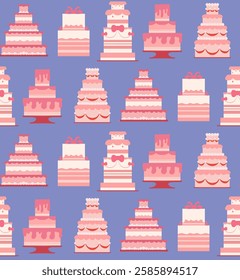 Vector seamless pattern with festive cakes in soft pink colors on violet background. Texture with wedding cake in pastel colors. Sweet treat for wallpaper and fabric