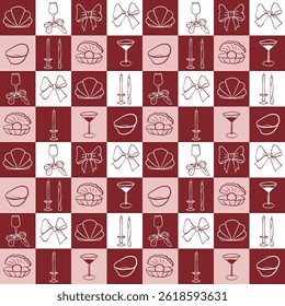 Vector seamless pattern with festive candles, bows, pearls, glasses. Perfect for textile, wedding, birthday, anniversary design, fabric, linen, wallpaper, dinner menu