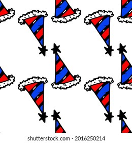 Vector seamless pattern of a festive cap with red and blue stripes and a star at the end. a pattern of a festive head pattern, hand-drawn in the style of doodles located on a white background holiday 