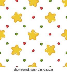 Vector seamless pattern with festive confetti stars and beads. Red, green, yellow colors on white background. Good for wrapping paper, celebration cards, textile, etc.