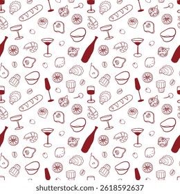 Vector seamless pattern with festive dinner elements: food, wine, drinks, fruits, seafood, bread. Perfect for textile, wedding, birthday, anniversary design, fabric, linen, wallpaper, dinner menu