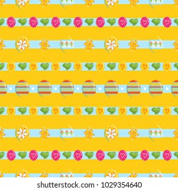 Vector seamless pattern, festive Eastern design. Cute horizontal garlands, Eastern eggs and grass on blue ribbon. Flat simple minimalistic style. Perfect for Easter, kitchen design. Abstract backgroun